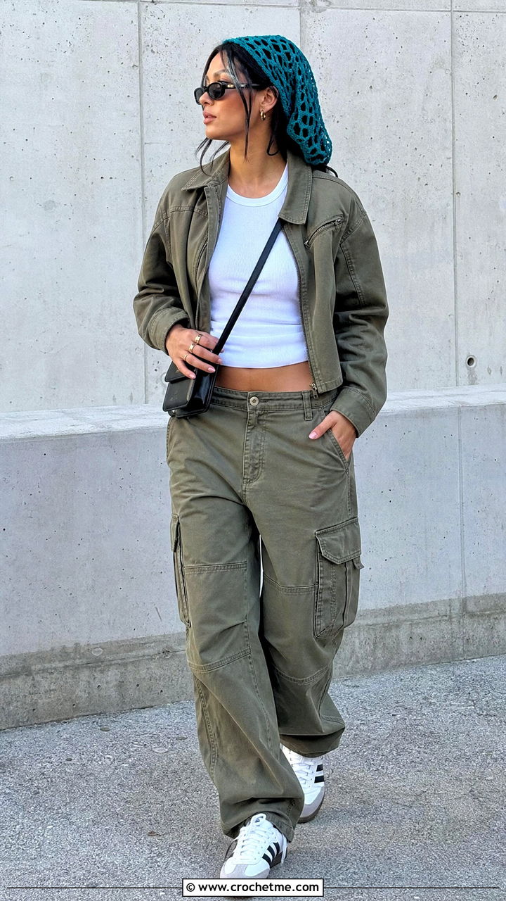 Mesh Crochet Bonnet With Cargo Pants - 35 crochet bonnets outfit ideas