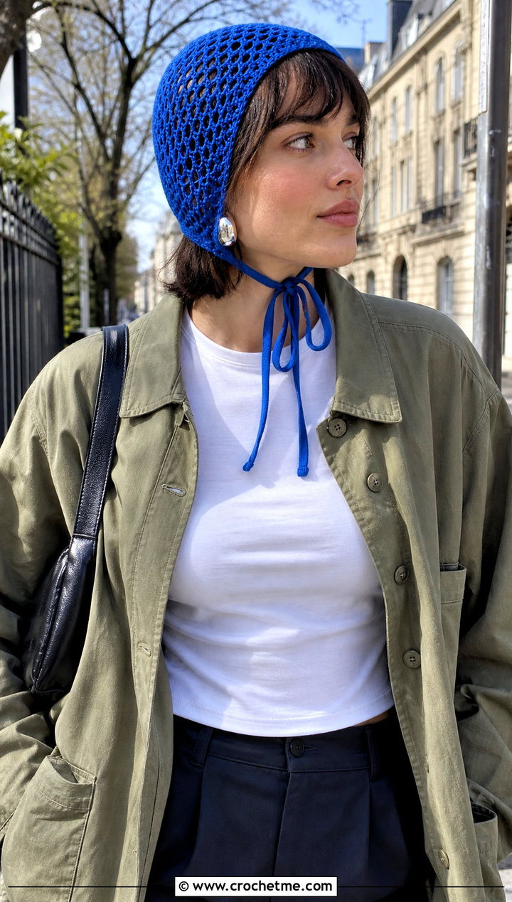 Mesh Crochet Bonnet With Utility Jacket And Straight Leg Pants - 15 Textured Crochet Hat outfit ideas