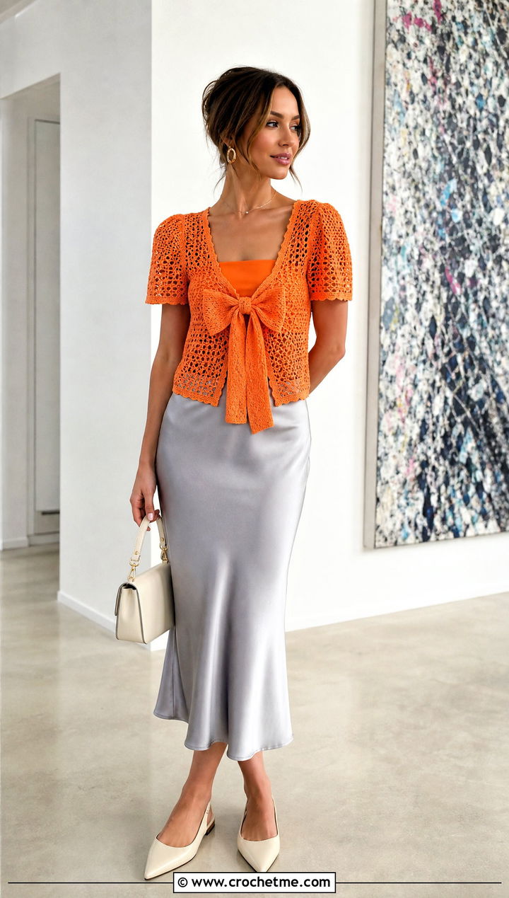 Mesh Crochet Bow Top With Satin Midi Skirt - 25 crochet bow top outfit ideas
