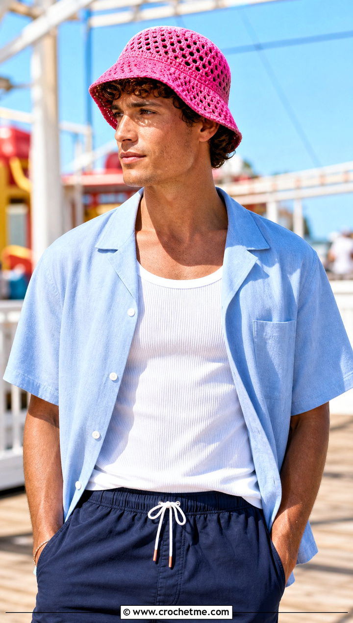 Mesh Crochet Bucket Hat With Camp Collar Shirt And Shorts - 30 crochet bucket hat men outfit ideas