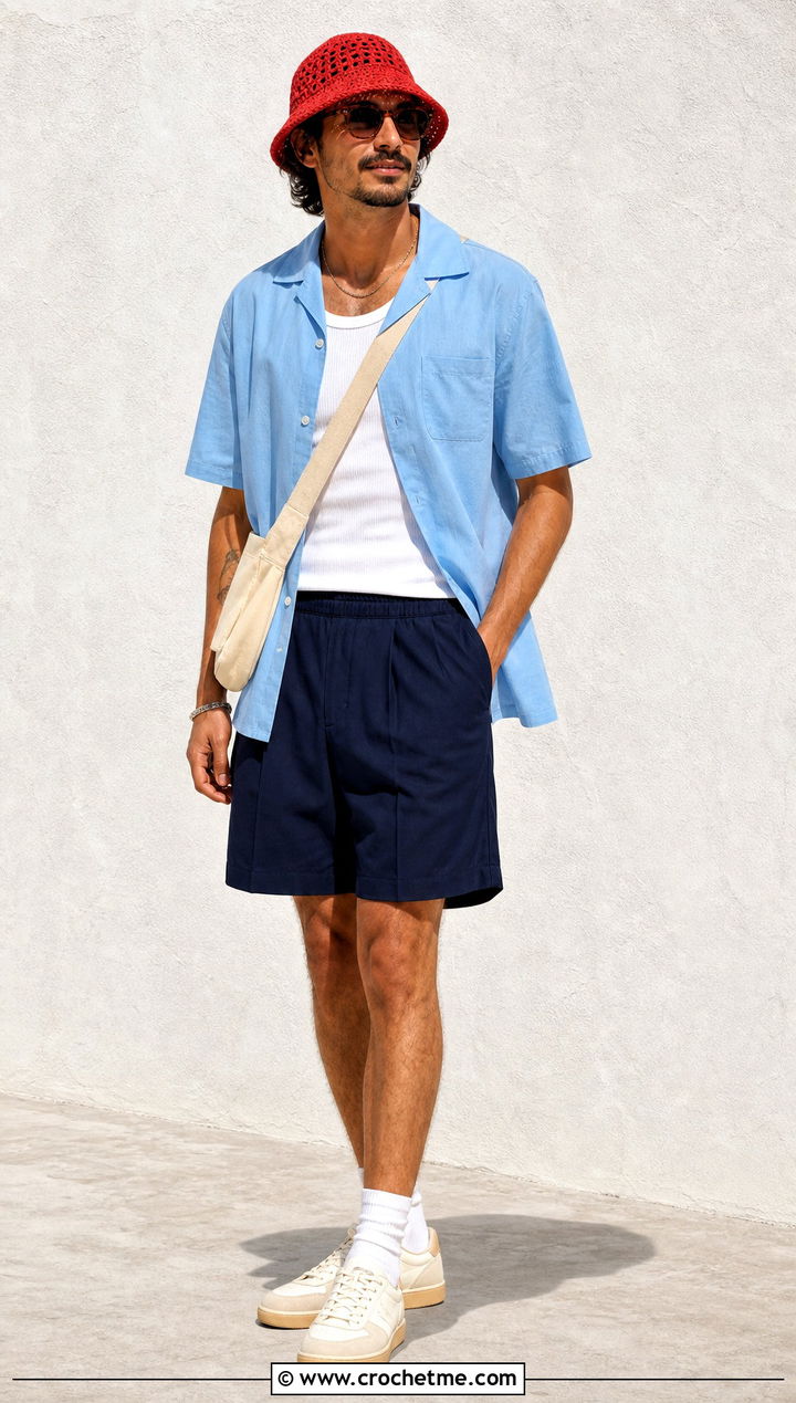 Mesh Crochet Bucket Hat With Camp Collar Shirt - 35 crochet hat for man outfit ideas