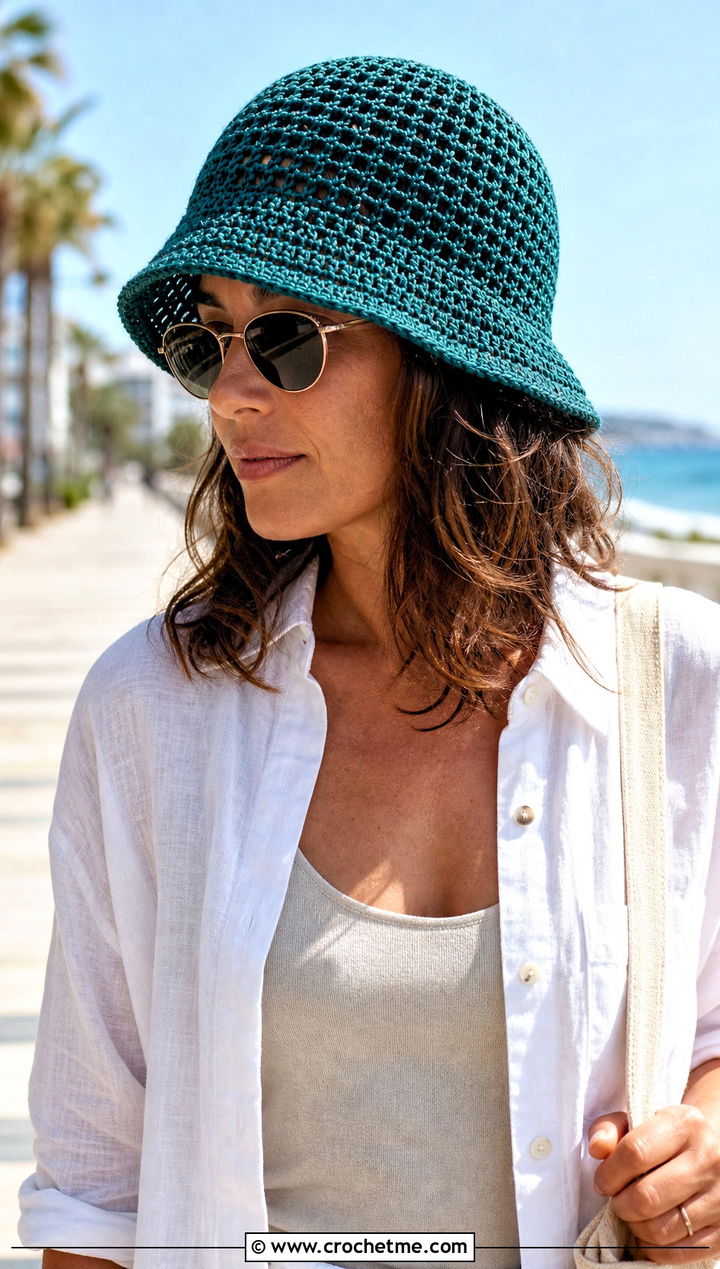 Mesh Crochet Bucket Hat With Linen Outfit - 25 Unisex Crochet Hat outfit ideas
