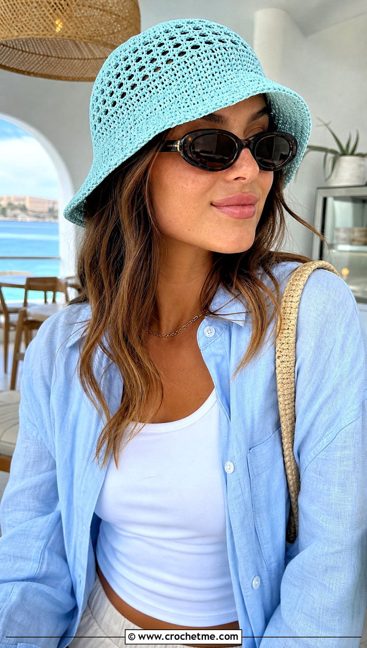 Mesh Crochet Bucket Hat With Linen Set - 30 Crochet Womens Hat outfit ideas