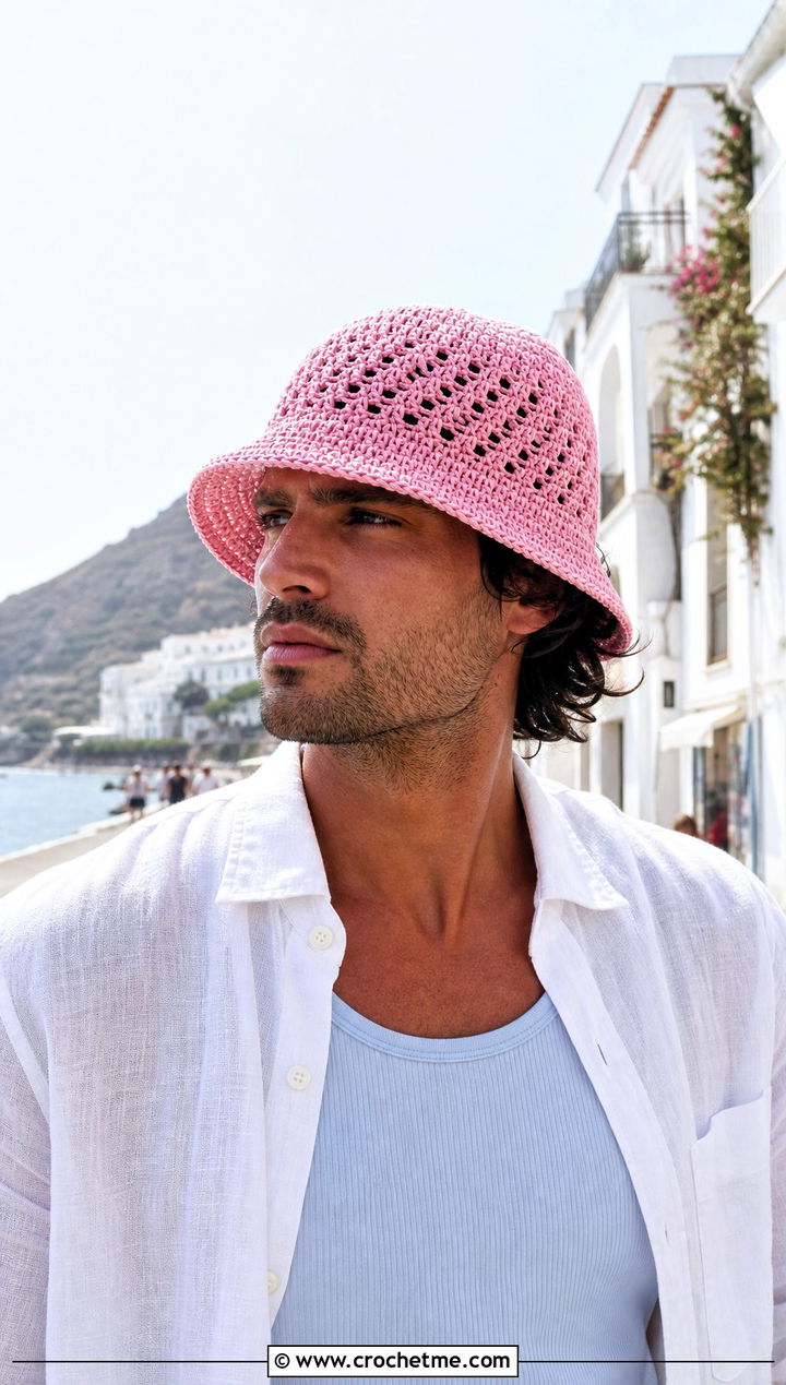 Mesh Crochet Bucket Hat With Linen Shirt - 30 men crochet hat outfit ideas