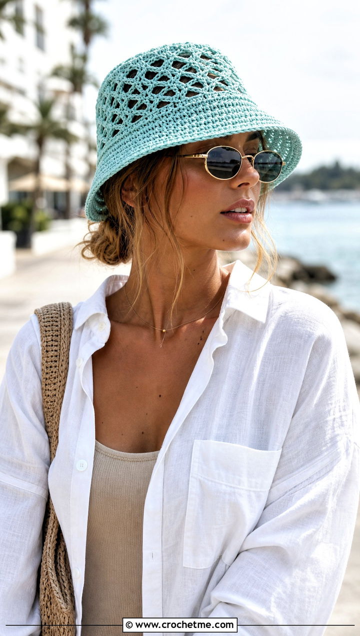 Mesh Crochet Bucket Hat With Linen Shirt And Shorts - 15 Crochet Beanie Bucket Hat outfit ideas