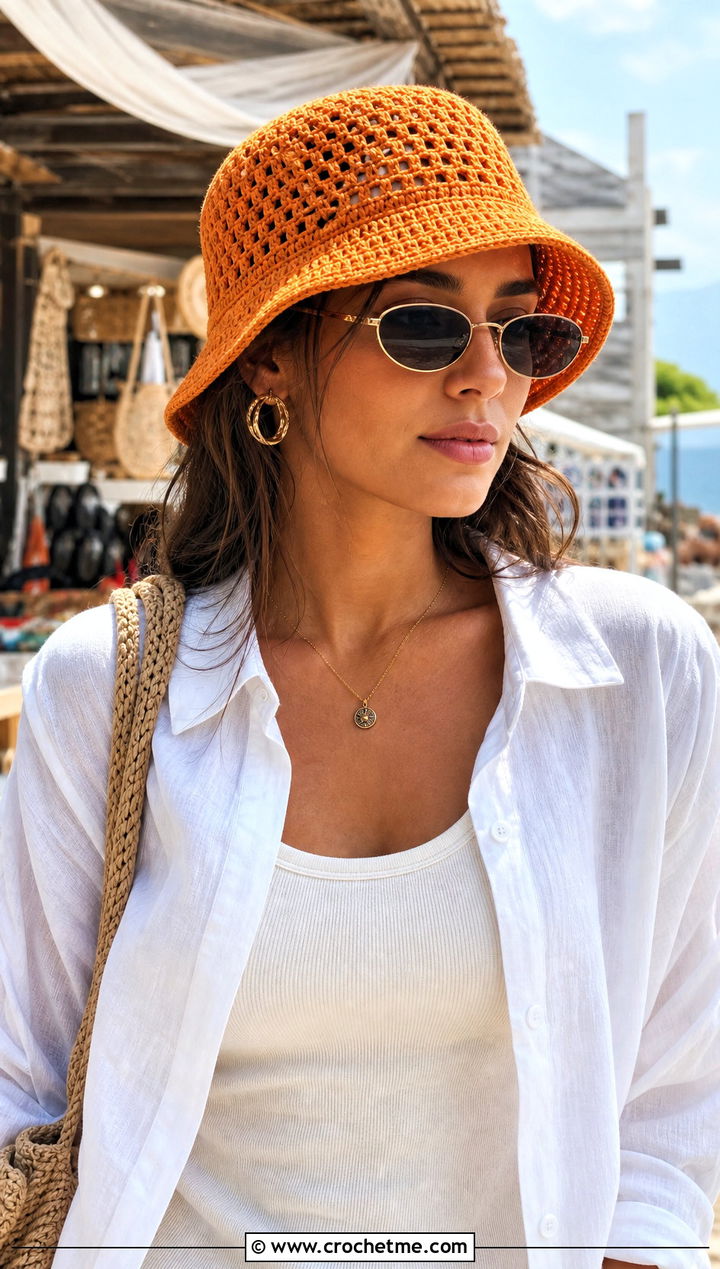 Mesh Crochet Bucket Hat With Linen Shirt And Shorts - 15 Modern Crochet Hat outfit ideas