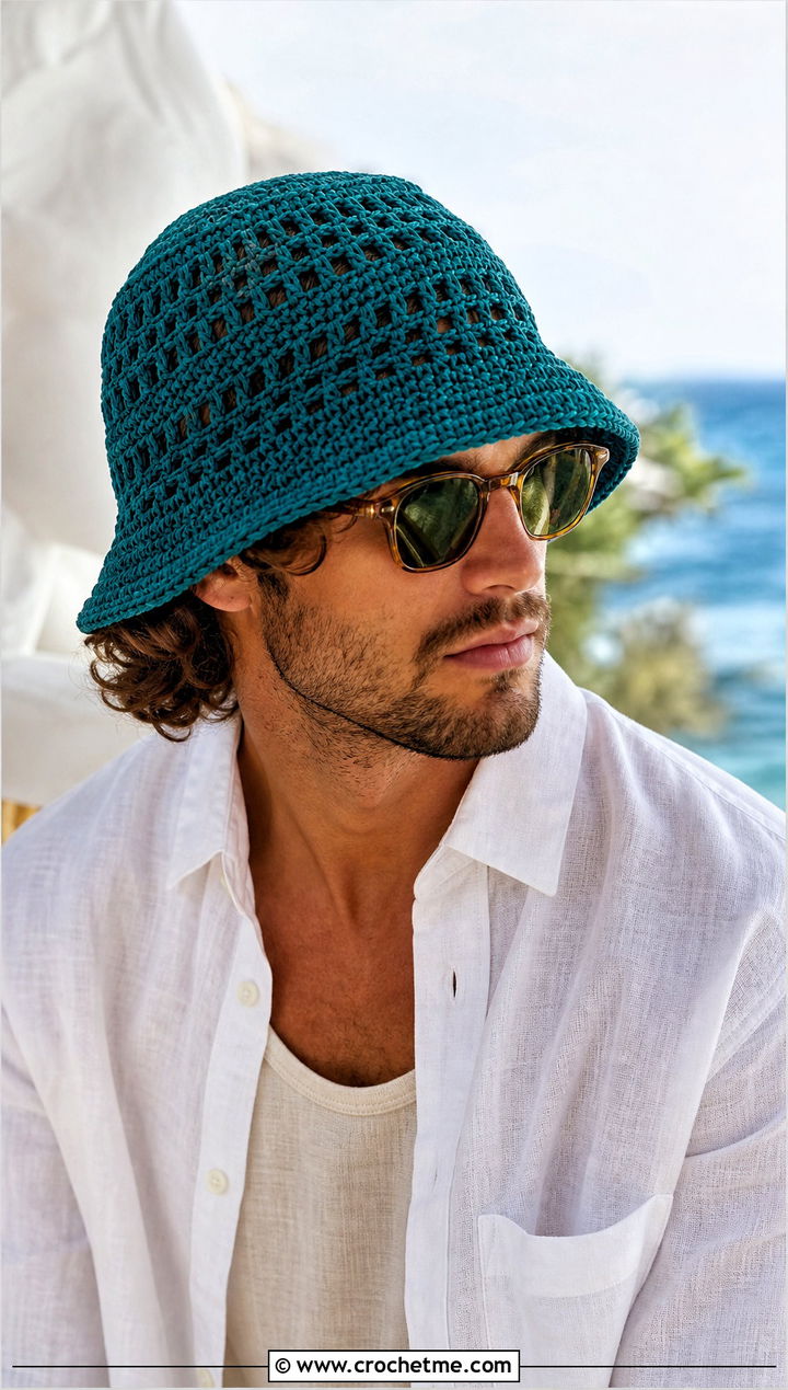 Mesh Crochet Bucket Hat With Linen Shirt - 30 male crochet hat outfit ideas