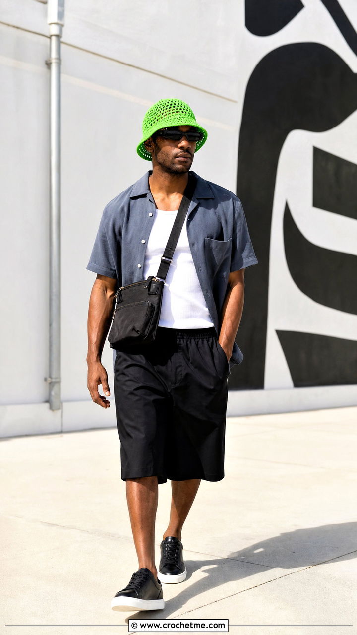 Mesh Crochet Bucket Hat With Overshirt And Bermuda Shorts - 35 crochet hat for men outfit ideas