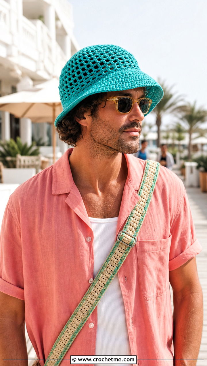 Mesh Crochet Bucket Hat With Resort Outfit - 25 crochet hat ideas for men