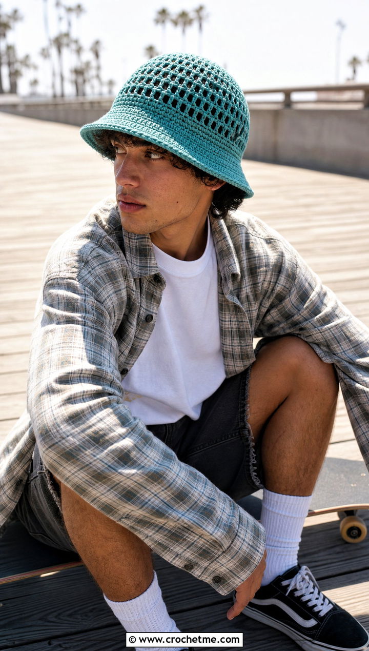 Mesh Crochet Bucket Hat With Skate Outfit - 15 Crochet Mens Hat With Brim outfit ideas