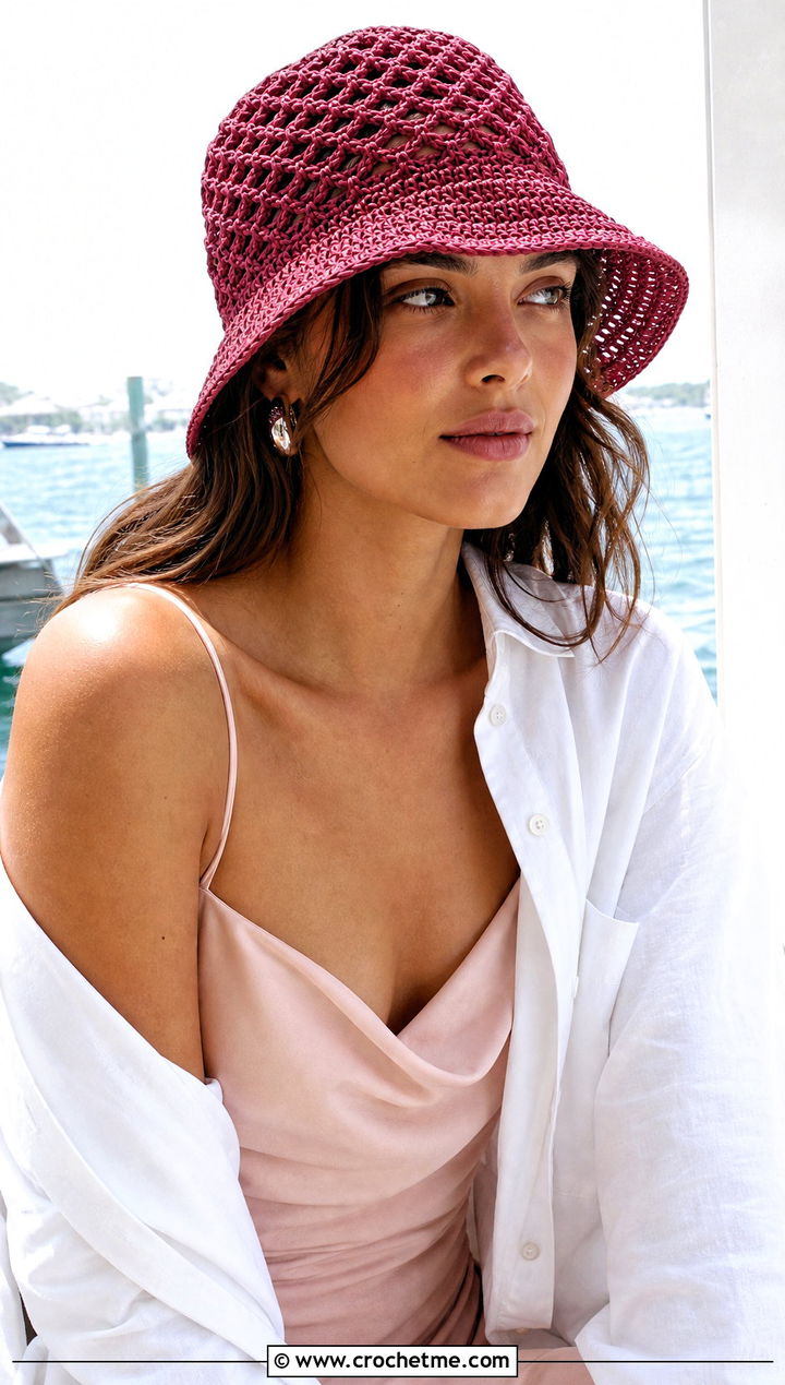Mesh Crochet Bucket Hat With Slip Dress - 30 aesthetic crochet hat ideas