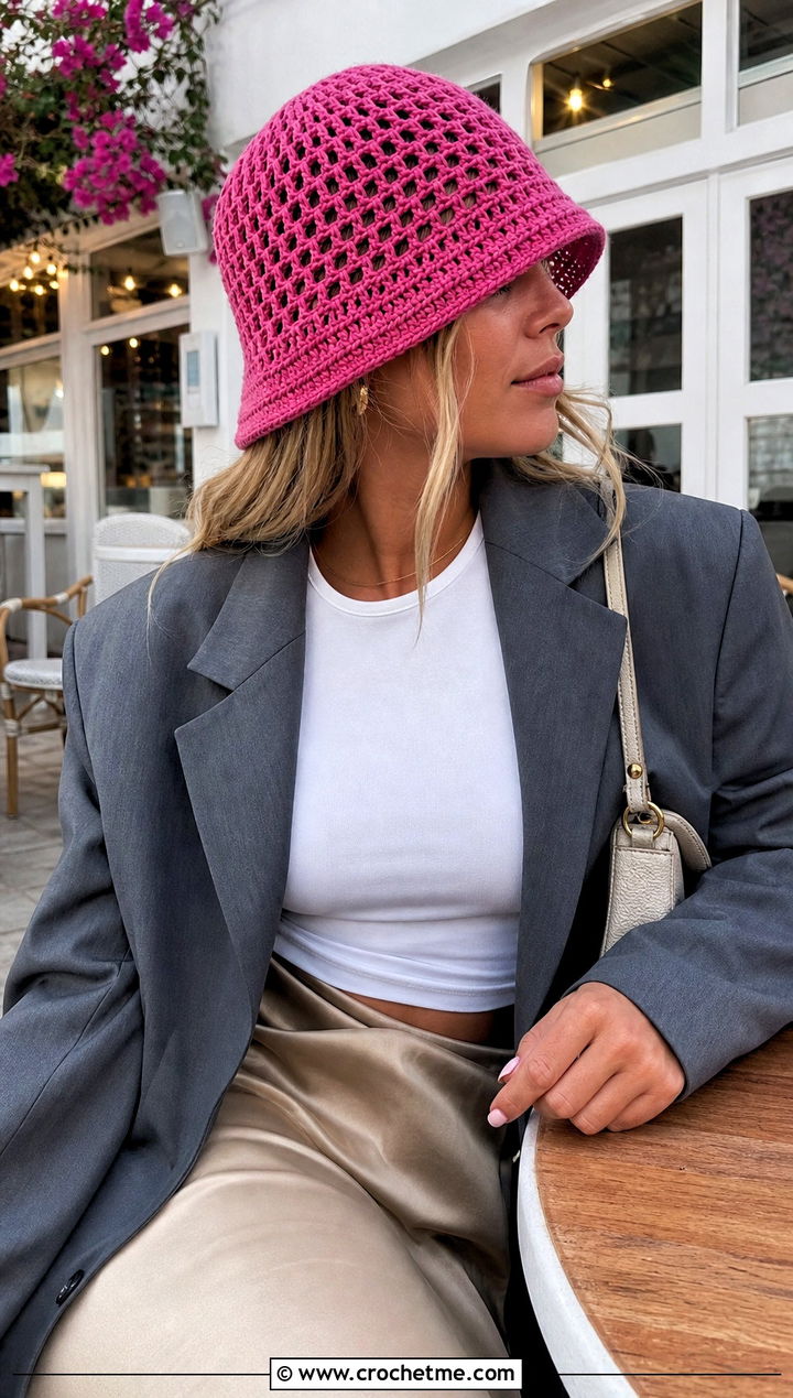 Mesh Crochet Bucket Hat With Slip Skirt - 30 Women Crochet Hats outfit ideas
