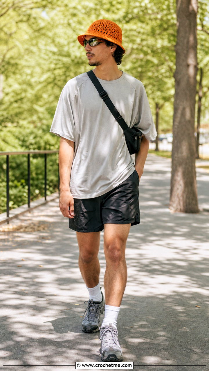 Mesh Crochet Bucket Hat With Sporty Outfit - 35 men's crochet hat outfit ideas