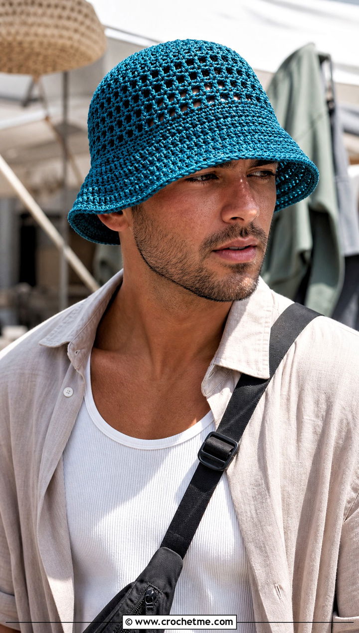 Mesh Crochet Bucket Hat With Tank Top And Cargo Shorts - 30 men's crochet hats outfit ideas