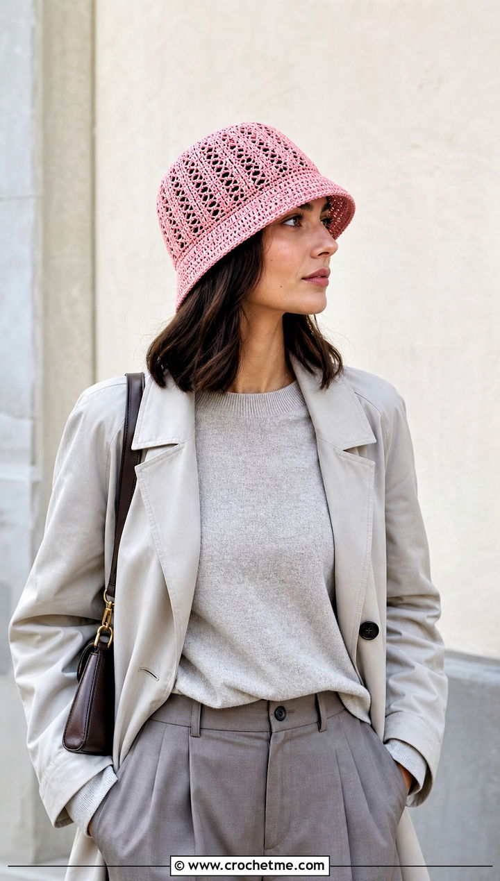Mesh Crochet Bucket Hat With Trench Coat - 25 crochet bucket hat ideas