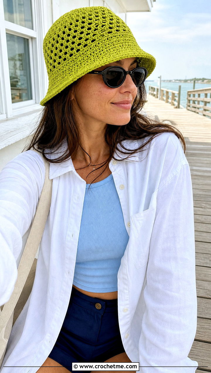 Mesh Crochet Bucket Hat With Vacation Outfit - 25 easy simple crochet hats for beginners outfit ideas