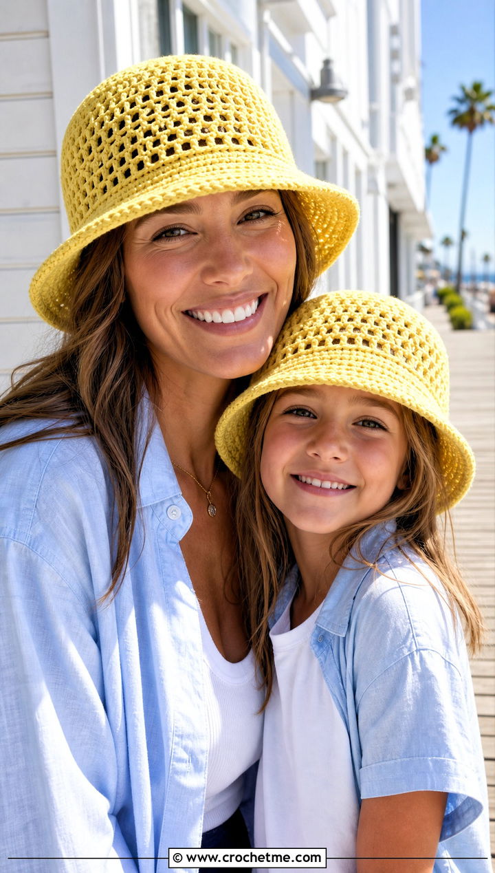 Mesh Crochet Bucket Hats With Shirt Sets - 25 Mommy And Me Crochet Hats outfit ideas