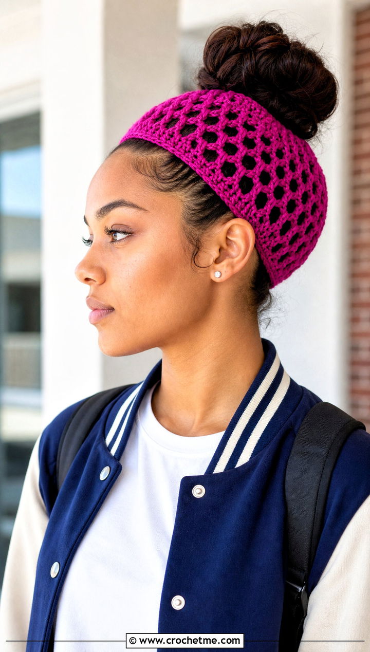 Mesh Crochet Bun Cap With Varsity Jacket - 15 Crochet Bun Hats outfit ideas