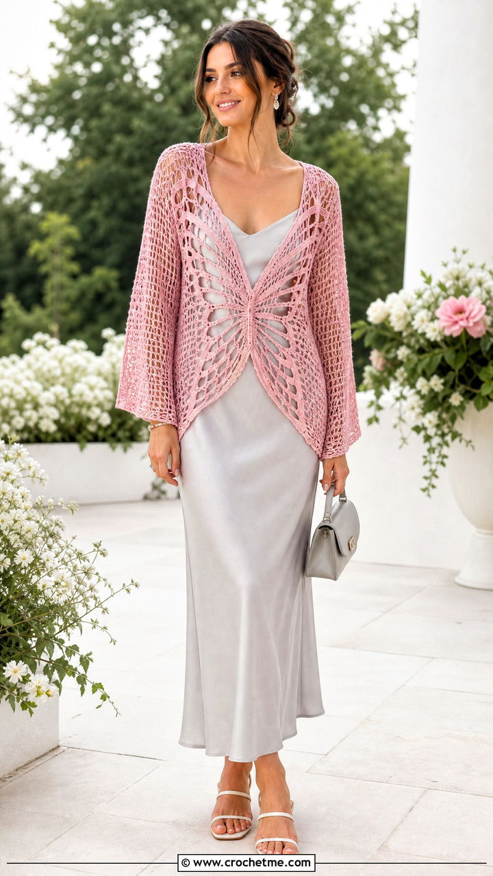 Mesh Crochet Butterfly Cardigan With Slip Dress - 35 crochet butterfly cardigan outfit ideas