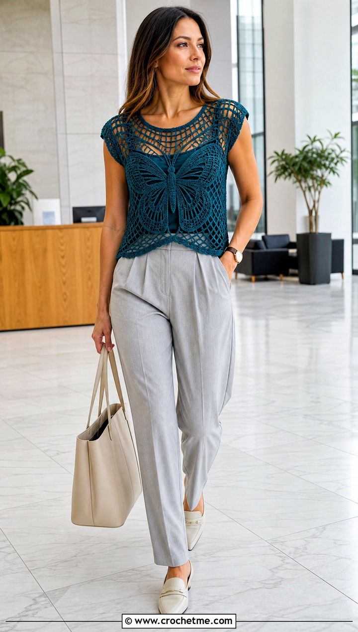 Mesh Crochet Butterfly Top With Tailored Trousers - 15 Crochet Butterfly Clothes and outfit ideas