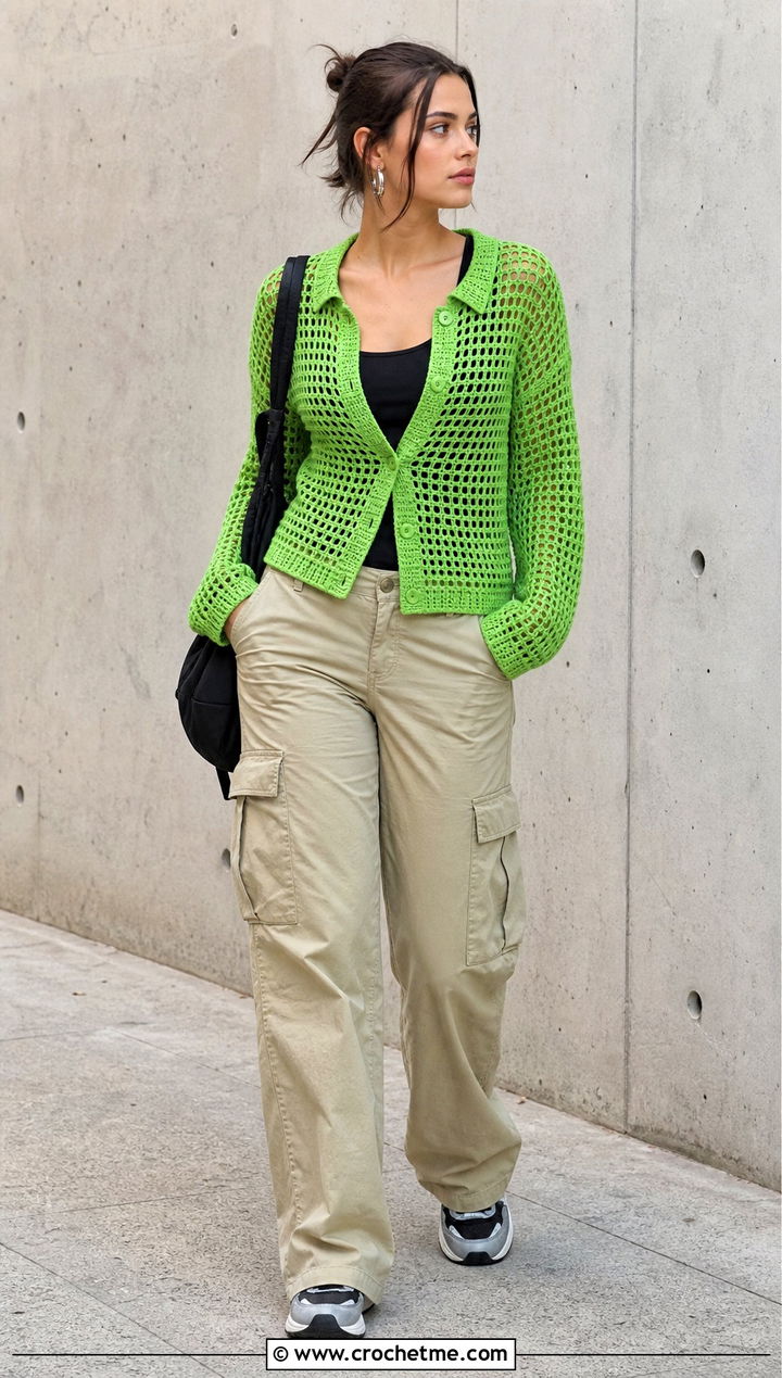 Mesh Crochet Button Cardigan Top With Cargo Pants - 30 crochet button top outfit ideas