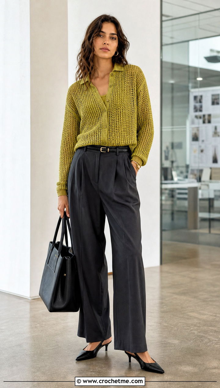 Mesh Crochet Button Down Shirt With Tailored Trousers - 30 crochet button down shirt outfit ideas