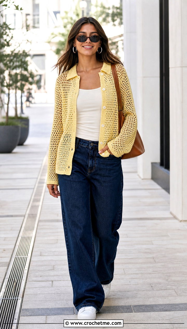 Mesh Crochet Button Down Shirt With Wide Leg Jeans - 35 crochet shirt for women outfit ideas