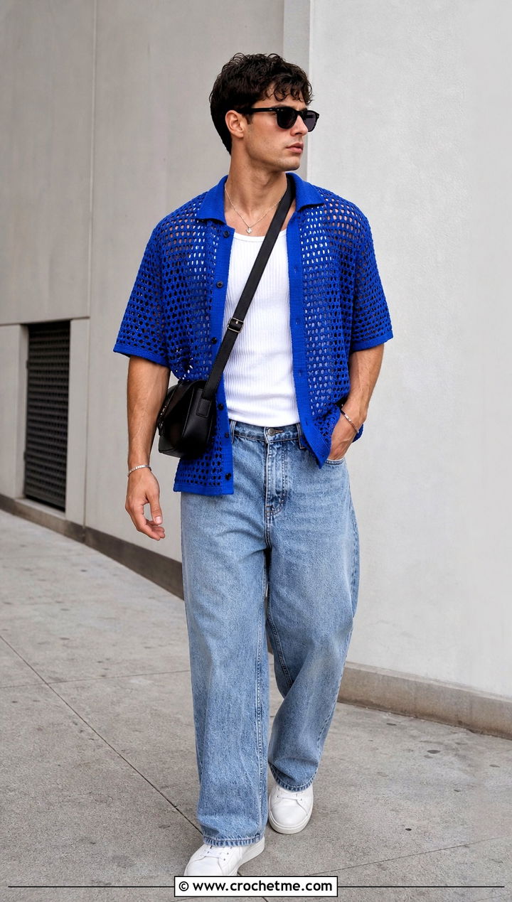 Mesh Crochet Button Down With Wide Leg Jeans - 30 Mens Crochet Outfit ideas