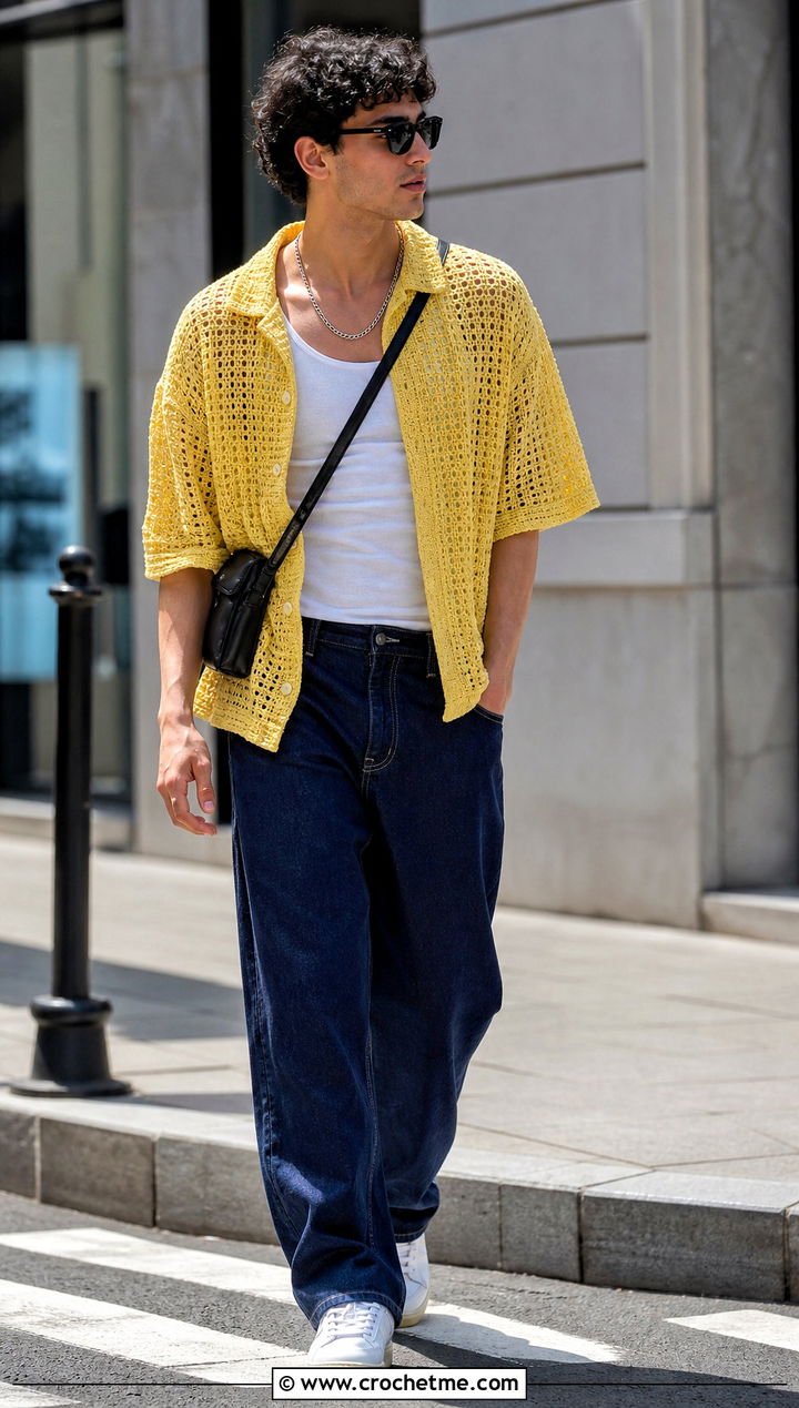 Mesh Crochet Button Up With Baggy Jeans - 15 men's crochet top outfit ideas