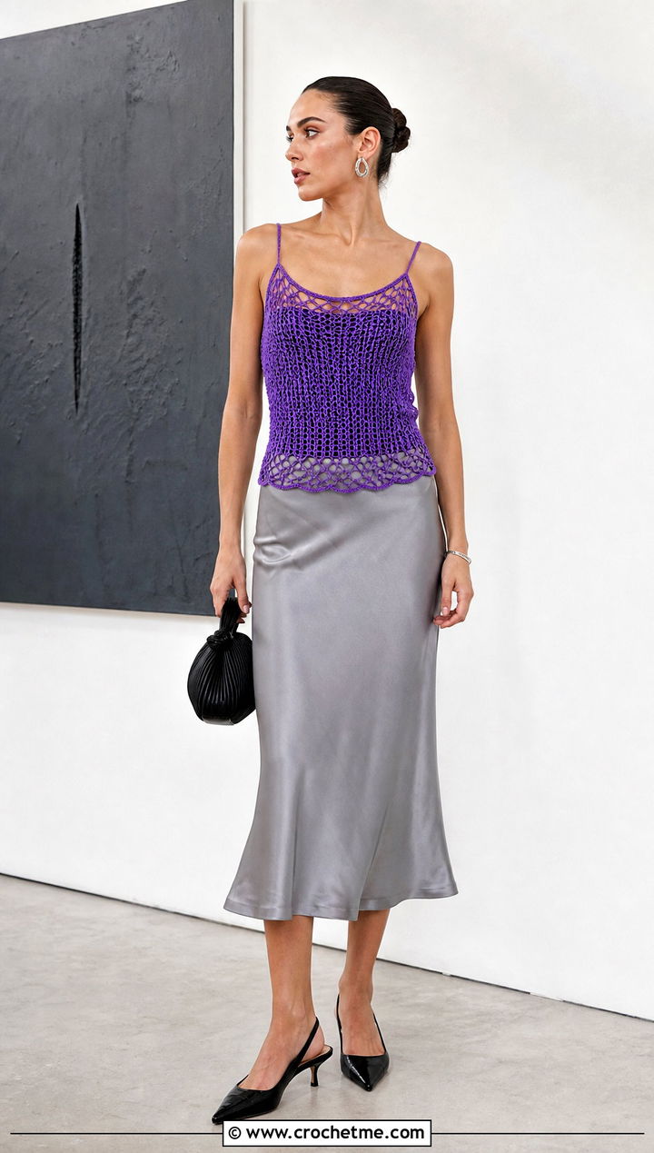 Mesh Crochet Cami With Satin Midi Skirt - 25 Crochet Cami outfit ideas