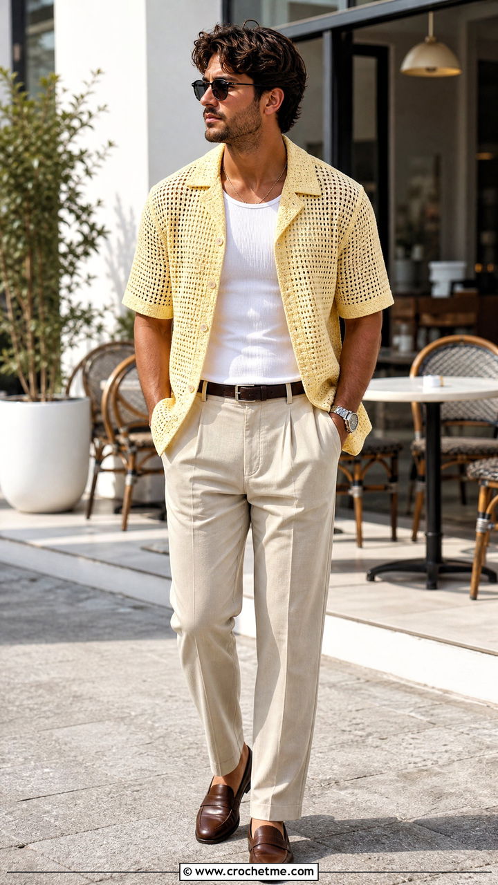 Mesh Crochet Camp Collar Shirt With Pleated Trousers - 35 crochet top for men outfit ideas