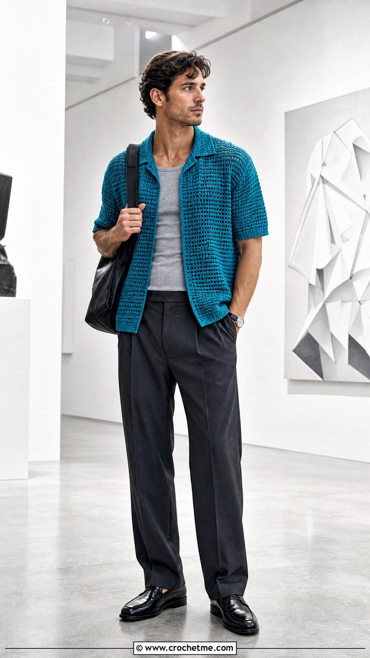 Mesh Crochet Camp Collar Shirt With Pleated Trousers - 35 crochet men shirt outfit ideas