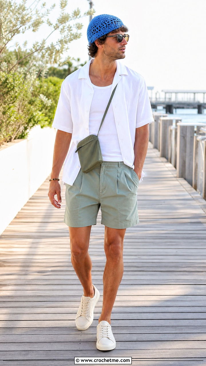 Mesh Crochet Cap With Camp Collar Shirt - 35 crochet cap for men outfit ideas