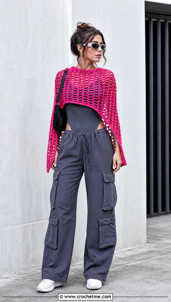 Mesh Crochet Capelet Shawl With Cargo Pants - 30 crochet caplet shawl outfit ideas