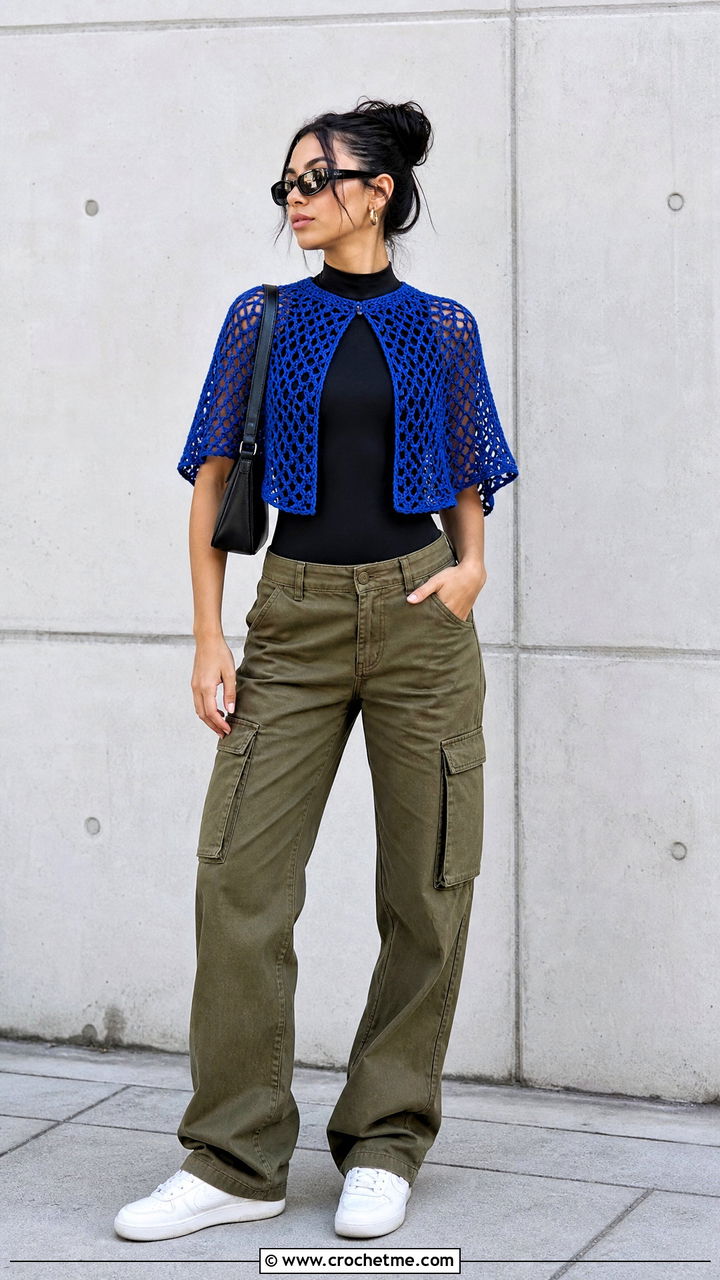 Mesh Crochet Capelet With Cargo Pants - 35 crochet capelet outfit ideas