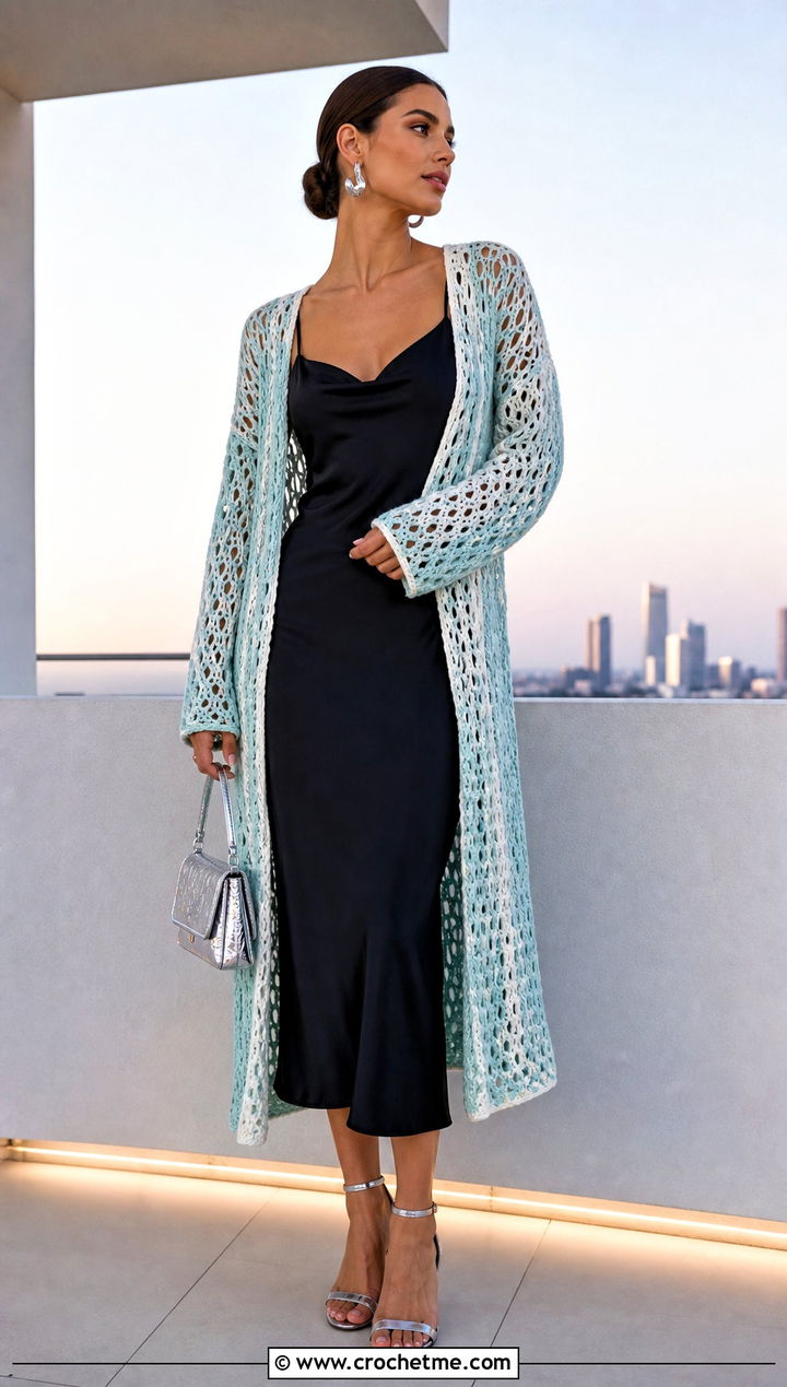 Mesh Crochet Cardigan With A Slip Dress - 25 green and white crochet cardigan outfit ideas