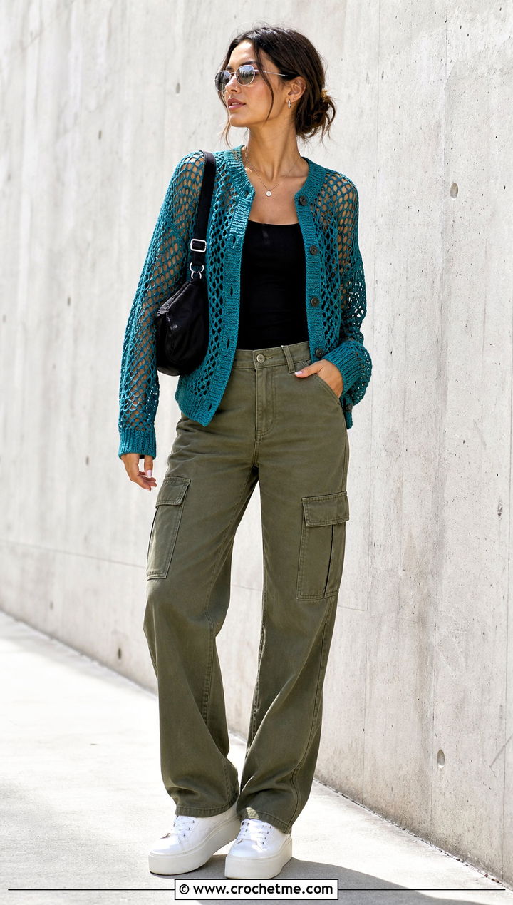 Mesh Crochet Cardigan With Black Tank And Cargo Pants - 35 ladies crochet cardigan outfit ideas