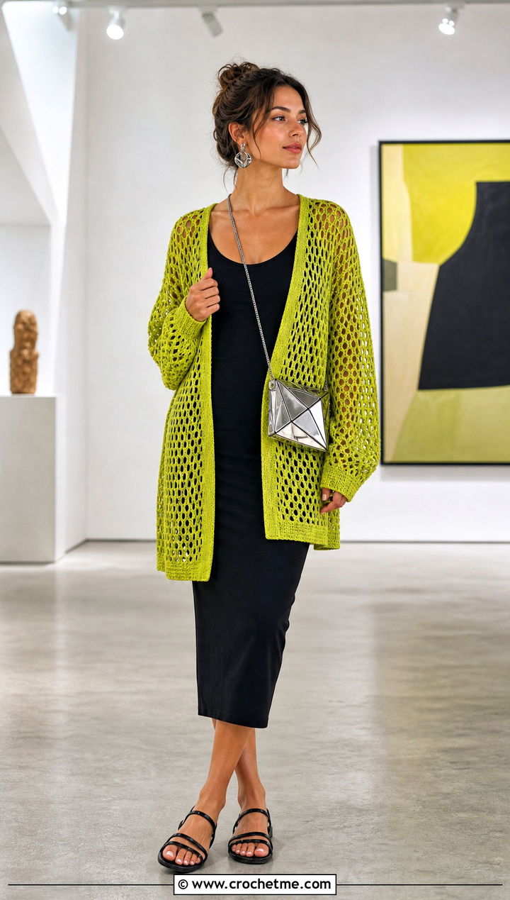 Mesh Crochet Cardigan With Black Tank Dress - 15 summer crochet cardigan design outfit ideas