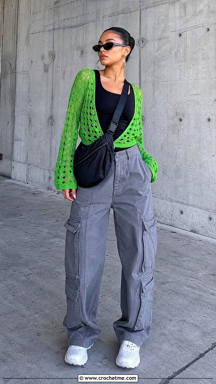 Mesh Crochet Cardigan With Cargo Pants - 35 crochet cardigan women outfit ideas