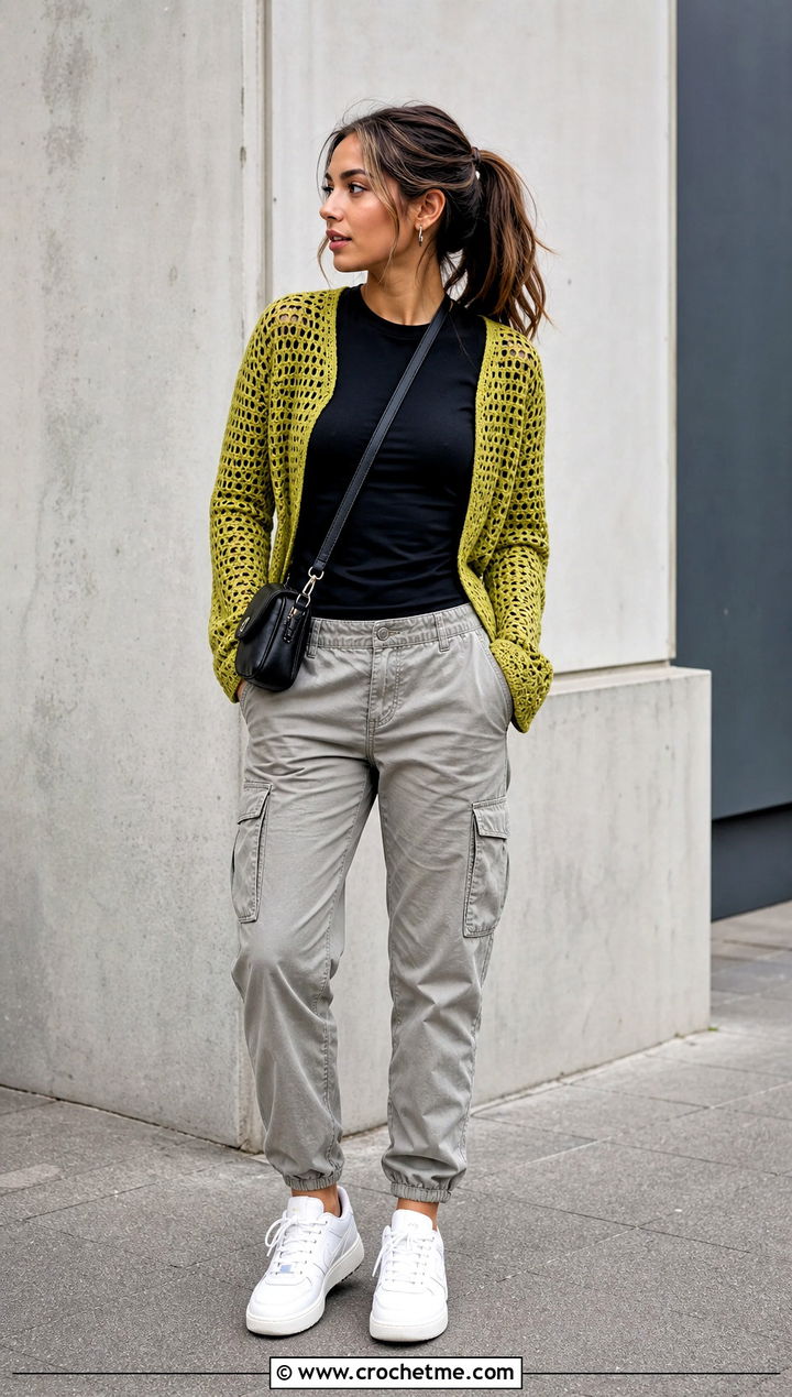 Mesh Crochet Cardigan With Cargo Pants - 25 Autumn Crochet Cardigan outfit ideas