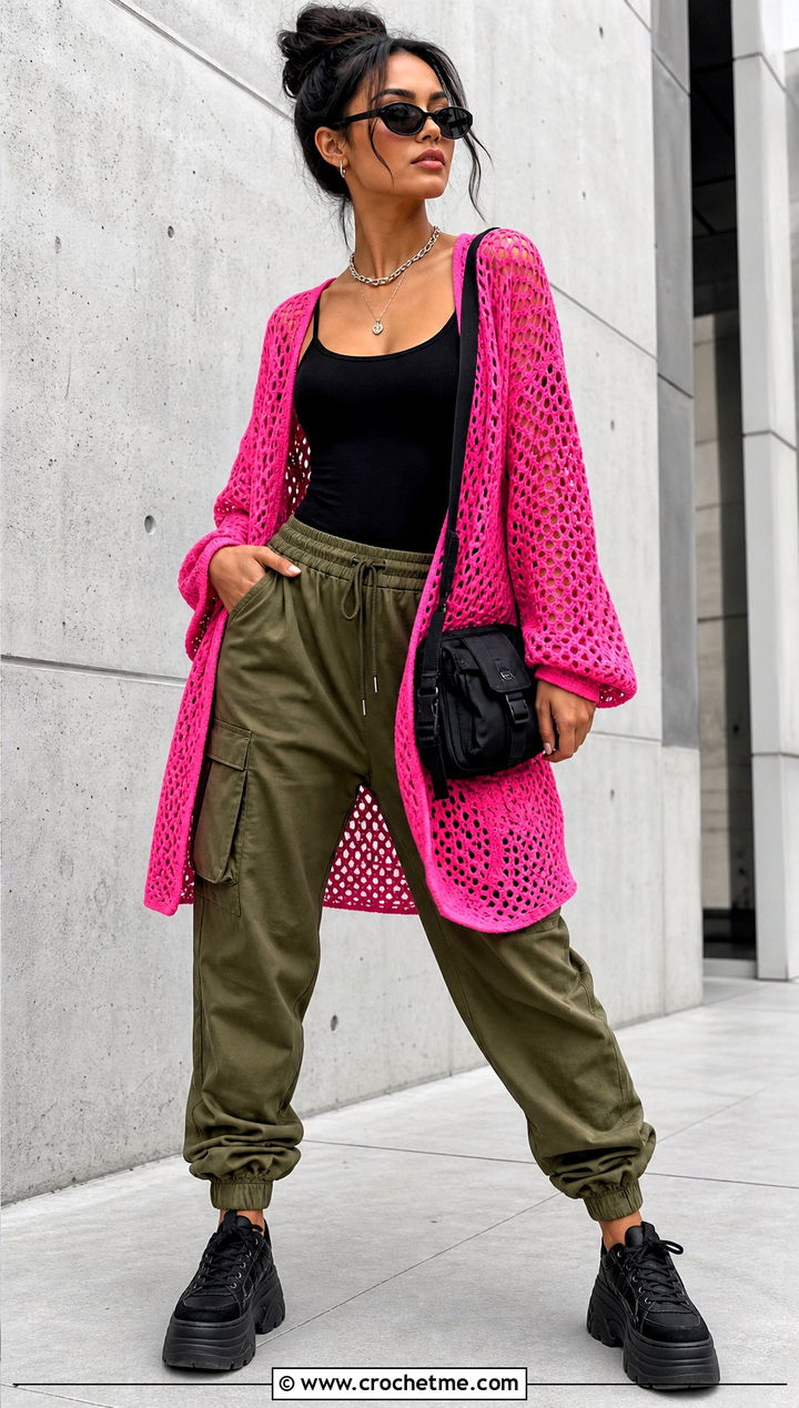 Mesh Crochet Cardigan With Cargo Pants - 25 long crochet sweater outfit ideas