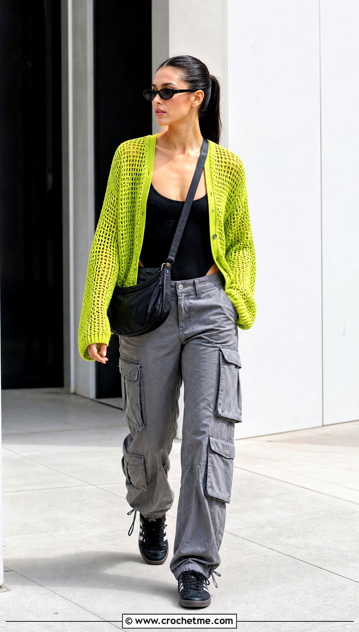 Mesh Crochet Cardigan With Cargo Pants - 25 unique crochet cardigan outfit ideas