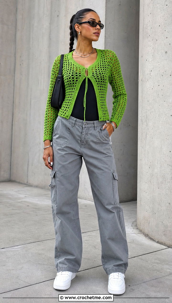 Mesh Crochet Cardigan With Cargo Pants - 15 Fitted Crochet Cardigan outfit ideas