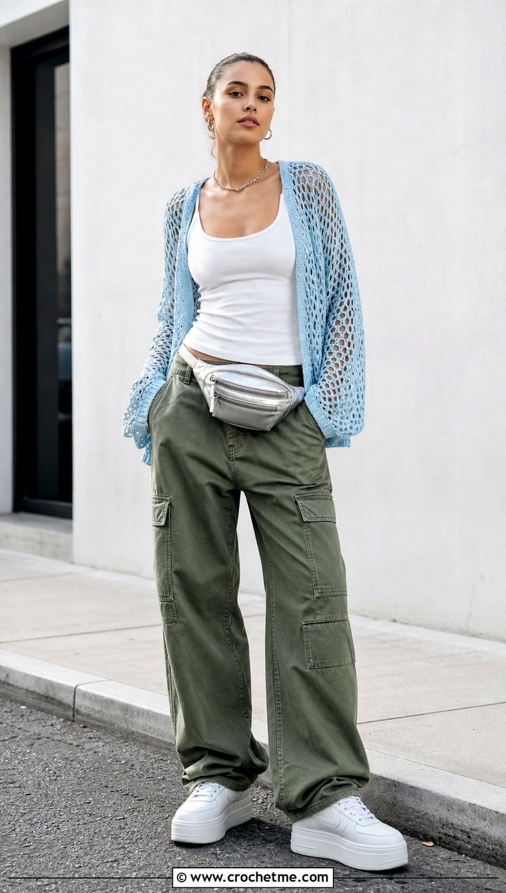 Mesh Crochet Cardigan With Cargo Pants - 15 Ultimate Lounge Crochet Cardigan outfit ideas