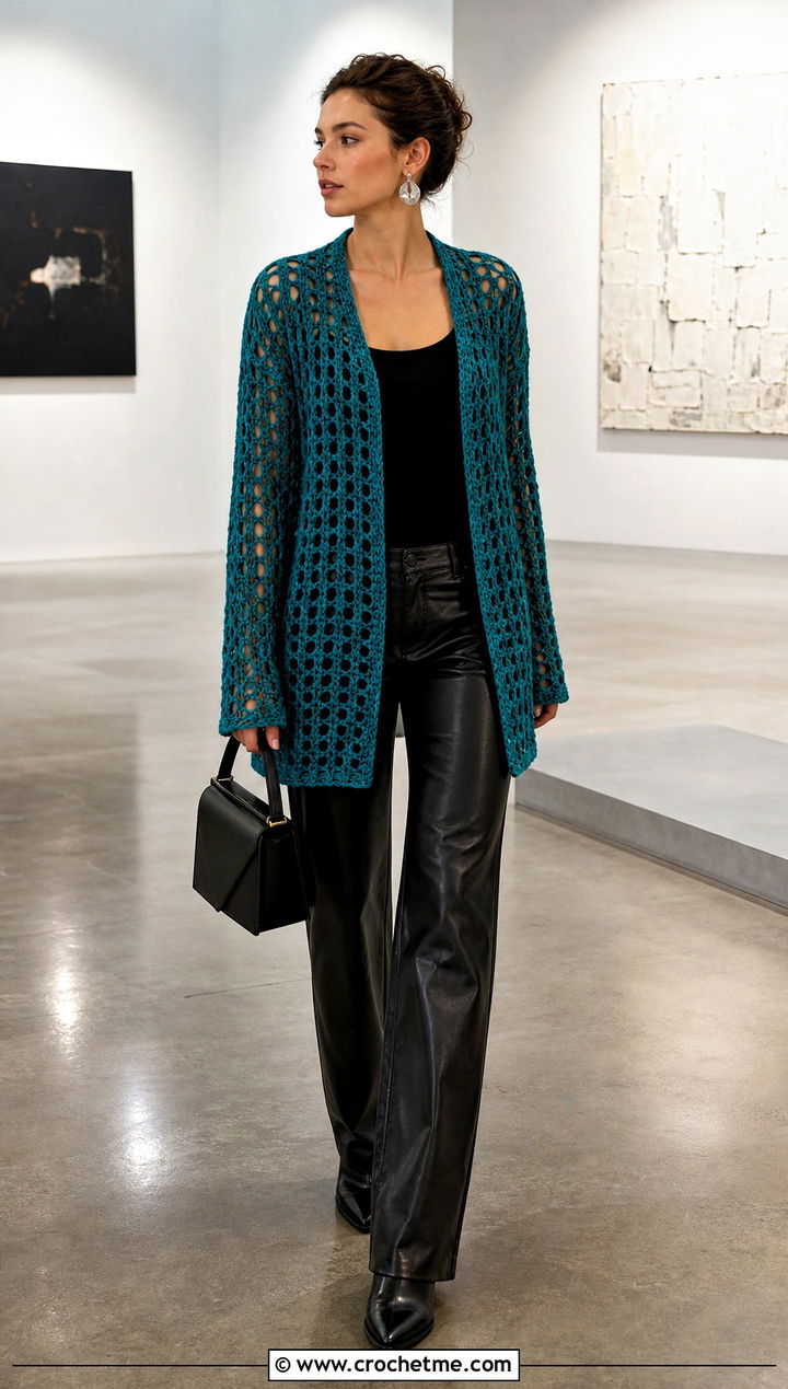 Mesh Crochet Cardigan With Leather Pants - 25 witchy crochet cardigan outfit ideas