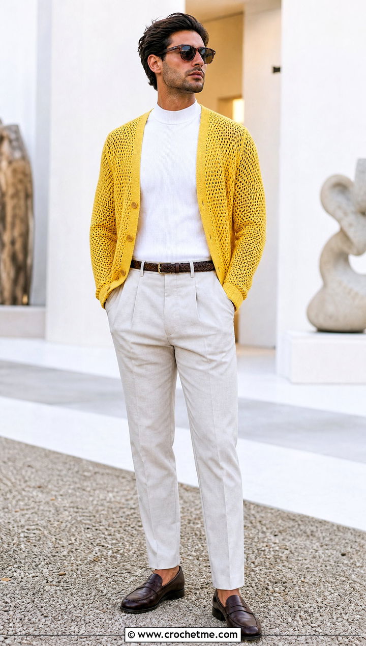 Mesh Crochet Cardigan With Pleated Trousers - 35 mens crochet cardigan outfit ideas