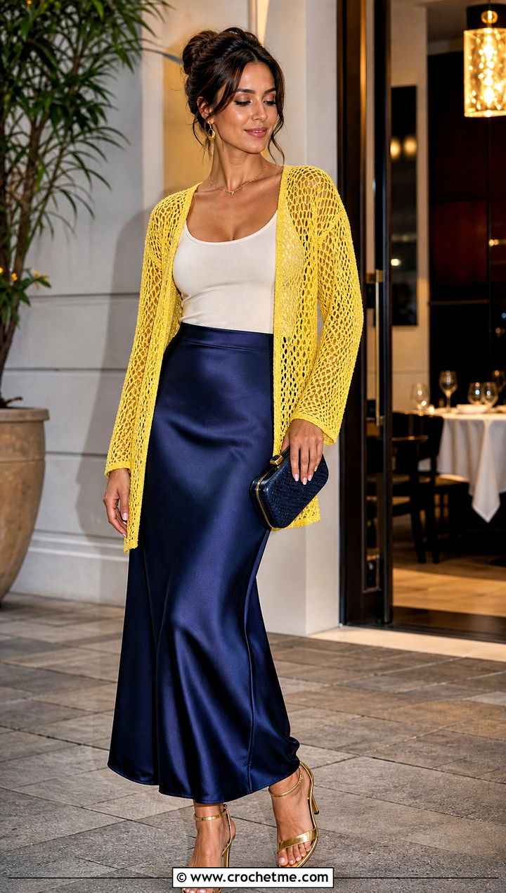 Mesh Crochet Cardigan With Satin Slip Skirt - 25 mesh crochet outfit ideas