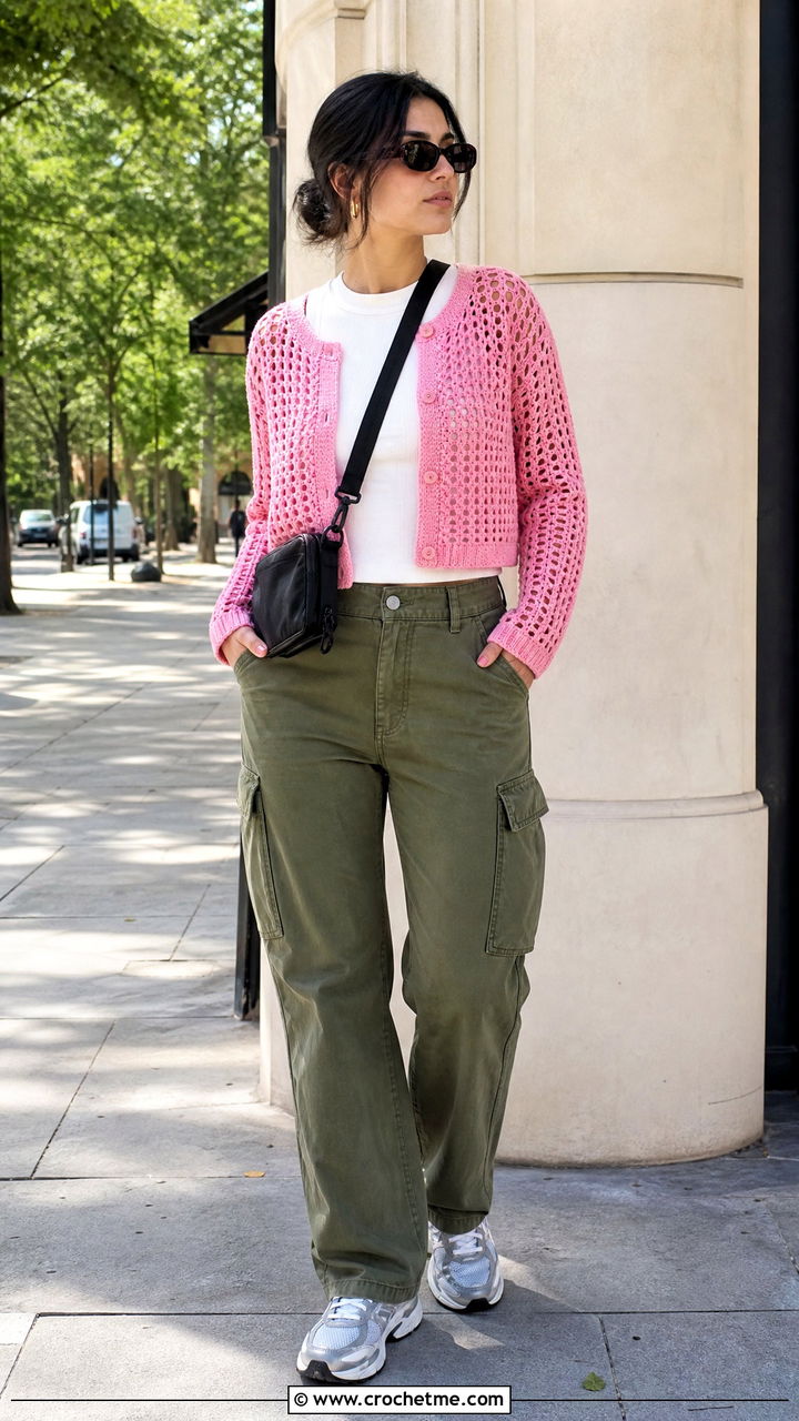 Mesh Crochet Cardigan With Tank And Cargo Pants - 35 crochet cardigans for women outfit ideas