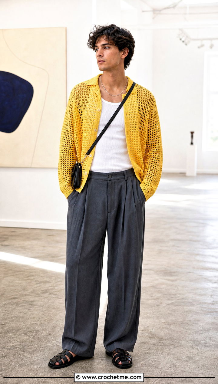 Mesh Crochet Cardigan With Tank and Pleated Trousers - 20 men's crochet cardigan outfit ideas