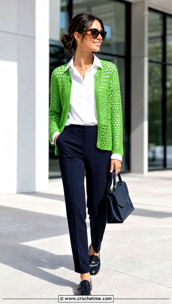 Mesh Crochet Cardigan With White Shirt And Trousers - 25 elegant crochet cardigan outfit ideas
